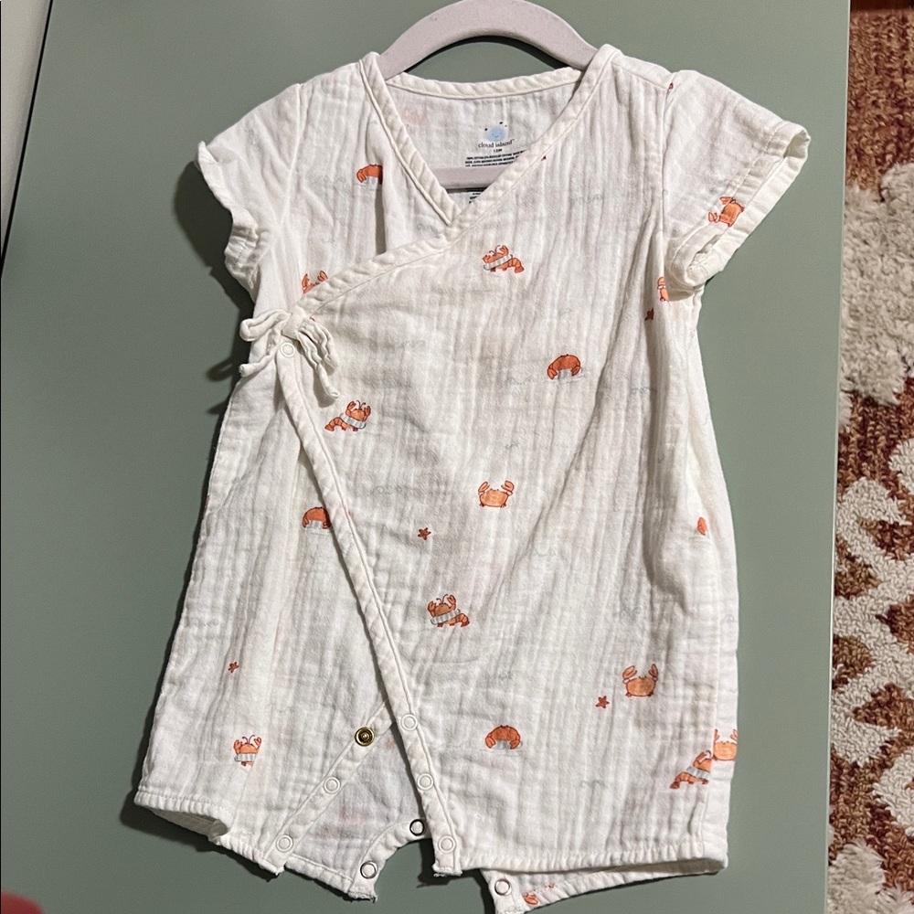 White Baby Muslin Wrap Romper with Orange Crab Print